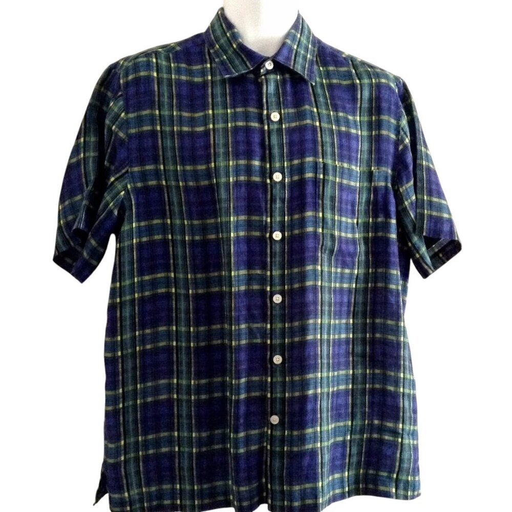 Nat Nast Men's Shirt Medium Plaid Linen Blue Green Yellow Black Button Front